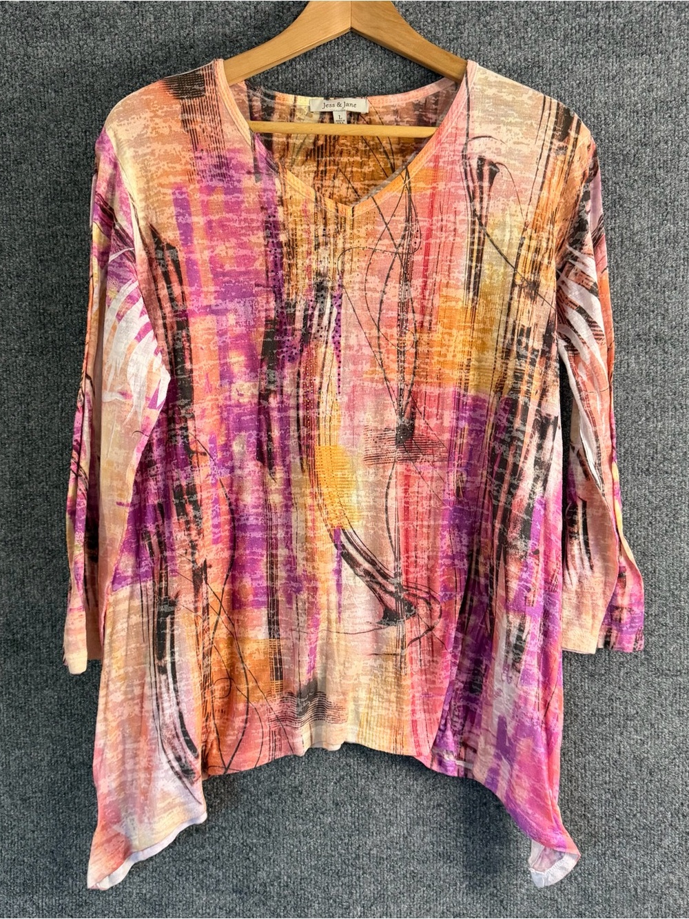 Jess & Jane Womens Large Pink Orange Abstract Burnout Asymmetric Hem Tunic Top